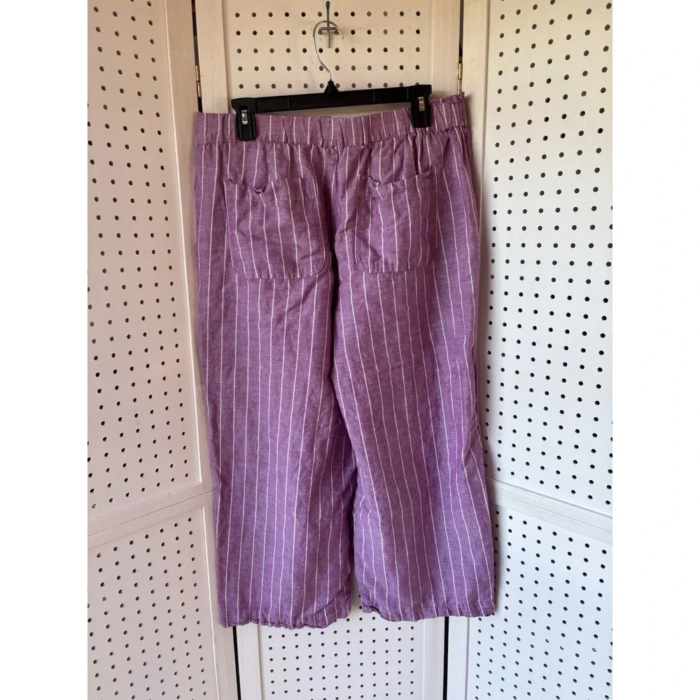 Talbots Women's Lg Linen Cotton Striped Purple Crop Pants Wide Leg Pull On